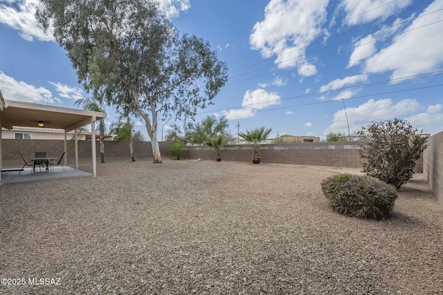 view of yard featuring a patio area and a fenced backyard