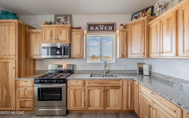 kitchen with stainless steel appliances, a sink, light wood finished floors, and light stone countertops