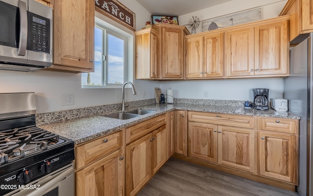 kitchen with stainless steel appliances, a sink, light stone counters, and wood finished floors