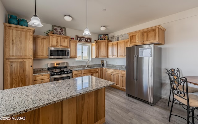 kitchen with light wood-style flooring, a sink, appliances with stainless steel finishes, light stone countertops, and decorative light fixtures