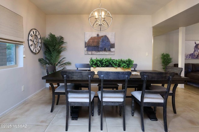 dining room featuring light tile patterned flooring, baseboards, and an inviting chandelier