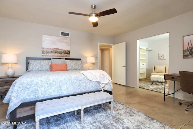 bedroom with visible vents, ceiling fan, and tile patterned flooring