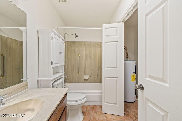 full bathroom featuring toilet, vanity, tile patterned flooring, shower / bathtub combination, and water heater