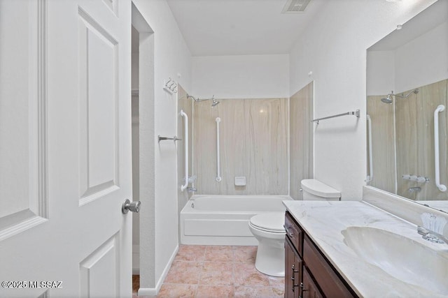 bathroom with visible vents, bathing tub / shower combination, toilet, tile patterned floors, and vanity