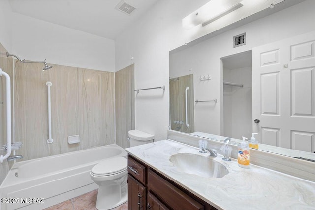 bathroom featuring vanity, bathing tub / shower combination, tile patterned flooring, and visible vents