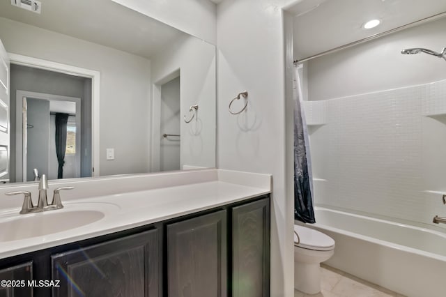 bathroom featuring vanity, toilet, shower / bathtub combination with curtain, and visible vents