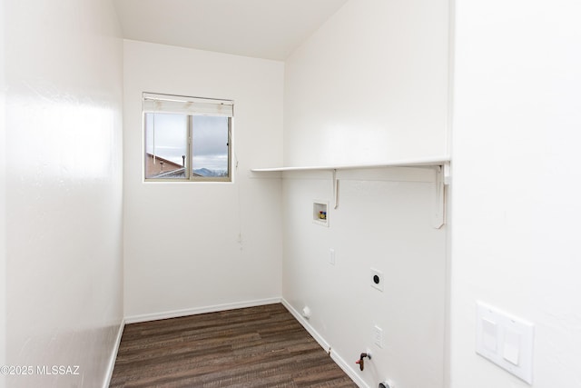 laundry room featuring dark wood-style floors, hookup for a washing machine, gas dryer hookup, laundry area, and baseboards