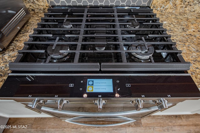 details featuring gas range oven and decorative backsplash