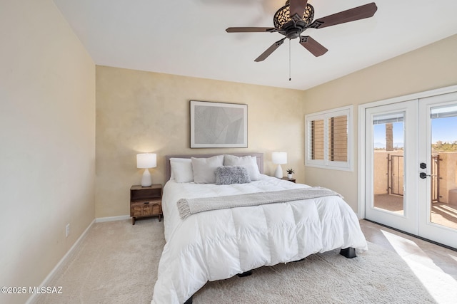 bedroom with baseboards, ceiling fan, french doors, access to outside, and light colored carpet