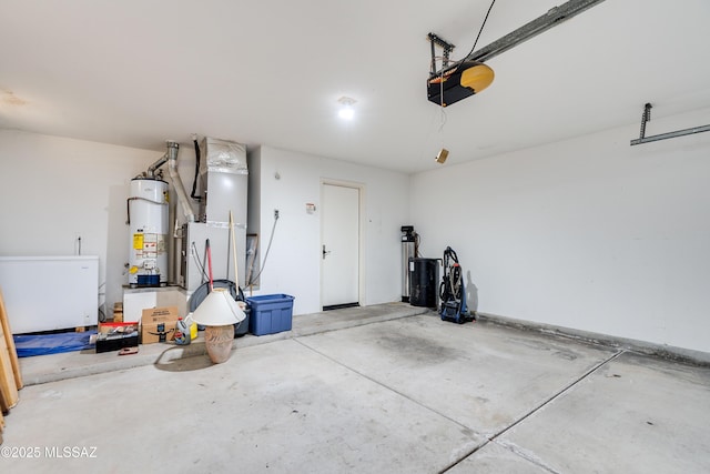 garage with heating unit, gas water heater, refrigerator, and a garage door opener