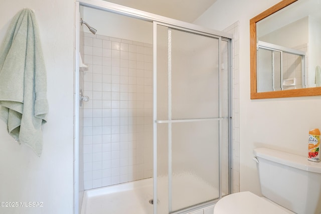 bathroom featuring a stall shower and toilet