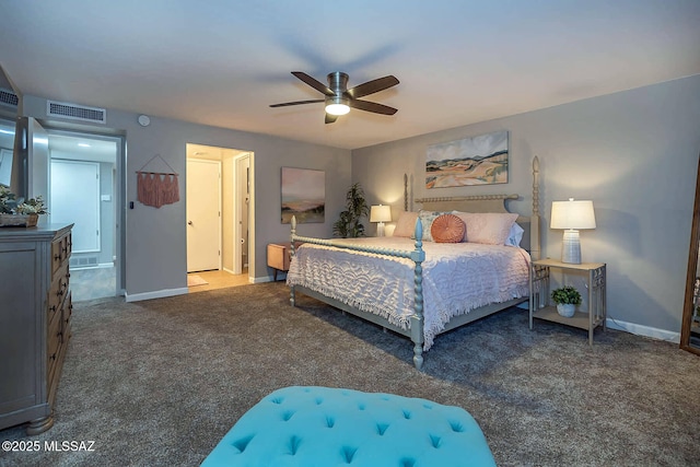 bedroom featuring carpet floors, visible vents, ceiling fan, and baseboards