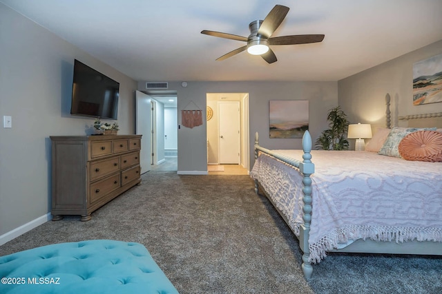 carpeted bedroom featuring a ceiling fan, visible vents, and baseboards