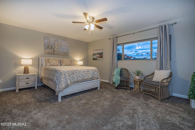 bedroom with ceiling fan, baseboards, and carpet flooring