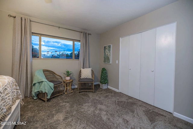 sitting room with baseboards and carpet flooring