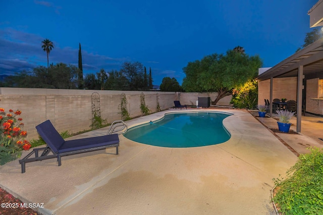 view of swimming pool with a fenced backyard, a fenced in pool, and a patio