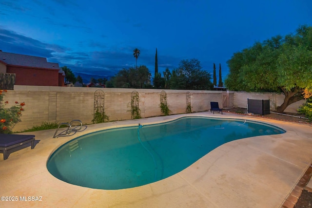 view of swimming pool featuring a patio, a fenced backyard, and a fenced in pool