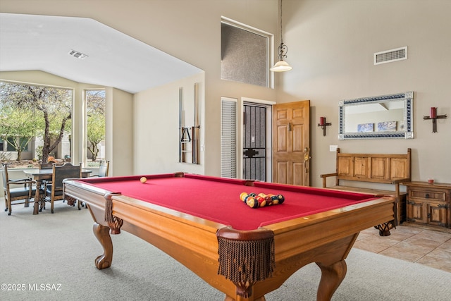 recreation room with pool table, visible vents, and light colored carpet