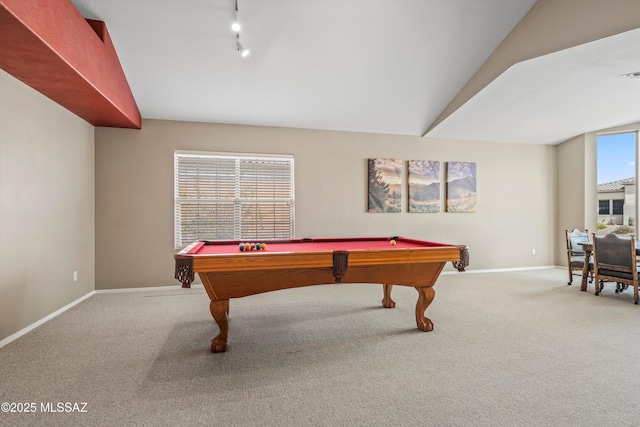 game room with carpet floors, track lighting, billiards, and baseboards