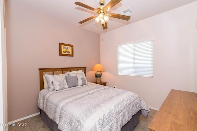 bedroom featuring baseboards, visible vents, ceiling fan, and carpet flooring