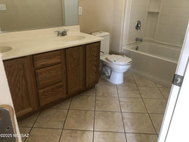 full bathroom with toilet, a sink, tub / shower combination, tile patterned floors, and double vanity