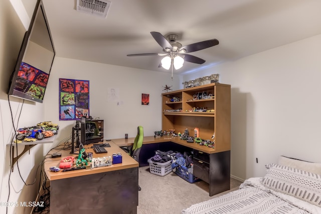 carpeted bedroom with ceiling fan and visible vents