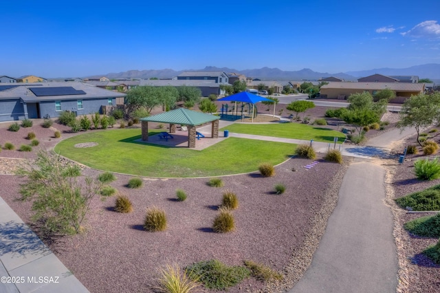 birds eye view of property with a residential view and a mountain view