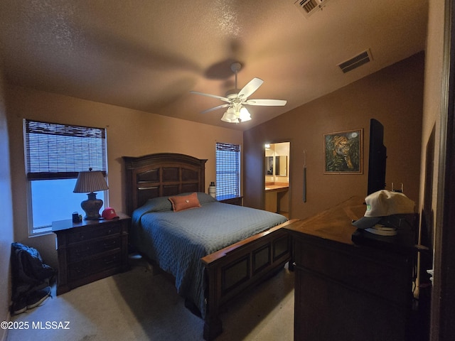 1702 E Saint Bernadine St, Tucson, AZ 85713 - bedroom featuring lofted ceiling, light carpet, a textured ceiling, a ceiling fan, and ensuite bathroom