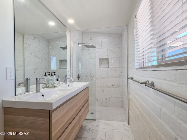 6530 N Camino De La Karina, Tucson, AZ 85718 - bathroom with marble finish floors, a walk in shower, and double vanity