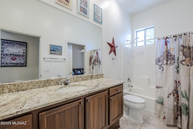 full bathroom with vanity, shower / tub combo, toilet, and tile patterned flooring