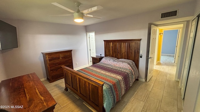 bedroom featuring visible vents, ceiling fan, light wood-type flooring, and baseboards