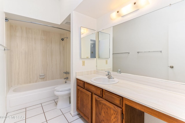 full bath featuring tub / shower combination, toilet, vanity, and tile patterned flooring