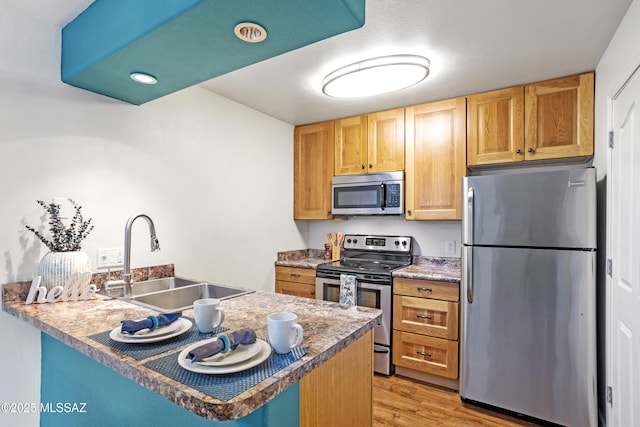 kitchen with appliances with stainless steel finishes, light wood-type flooring, a peninsula, and a sink