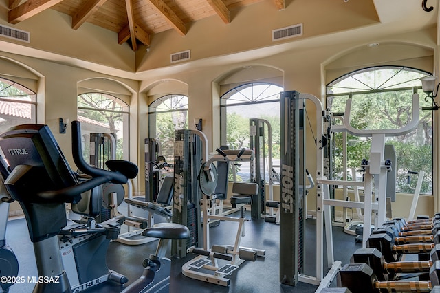 workout area featuring wood ceiling, visible vents, and a wealth of natural light