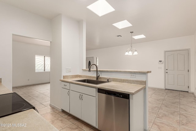 kitchen featuring light countertops, a skylight, electric stove, a sink, and stainless steel dishwasher