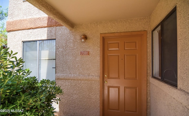 doorway to property featuring stucco siding