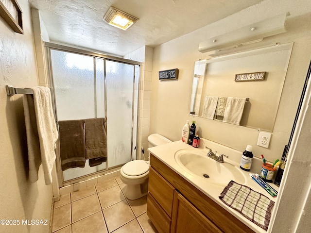 full bathroom with toilet, tile patterned floors, a textured ceiling, vanity, and a shower stall