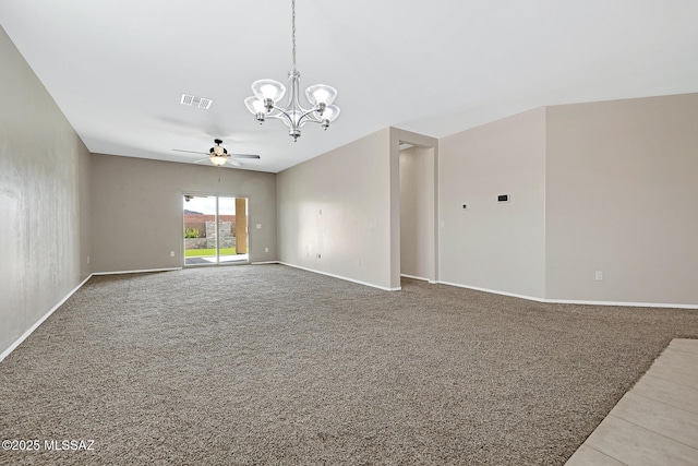 unfurnished room with ceiling fan with notable chandelier, carpet flooring, visible vents, and baseboards