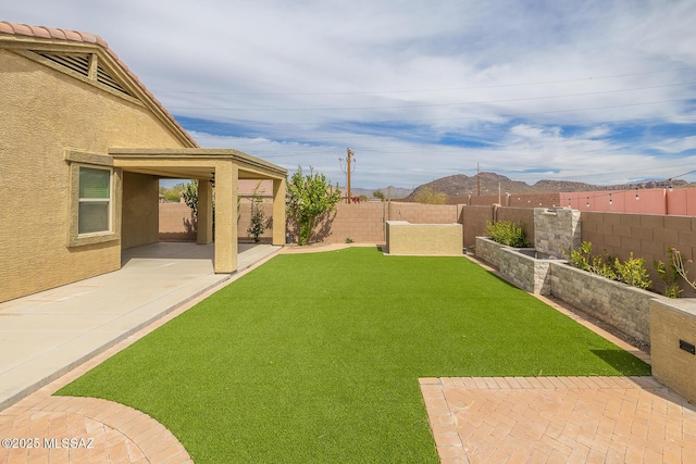 view of yard featuring a fenced backyard, a patio, and a mountain view