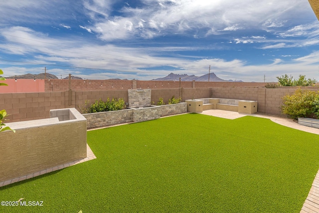 view of yard featuring a fenced backyard, a mountain view, and a patio