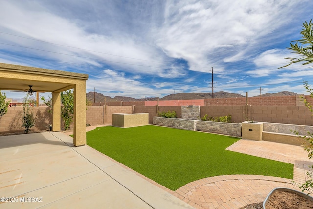 view of yard with a patio, a fenced backyard, and a mountain view