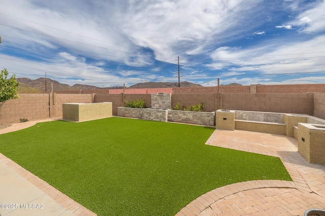 view of yard featuring a patio area, a mountain view, and a fenced backyard