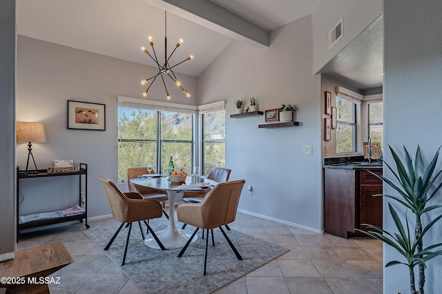 dining space with visible vents, vaulted ceiling with beams, baseboards, light tile patterned floors, and an inviting chandelier