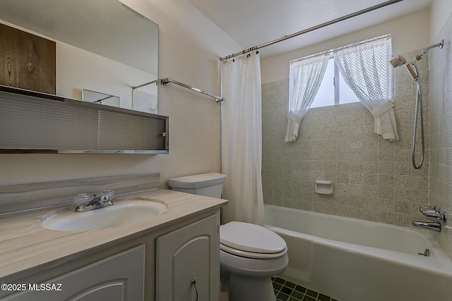 full bathroom with toilet, shower / bath combo with shower curtain, tile patterned flooring, and vanity
