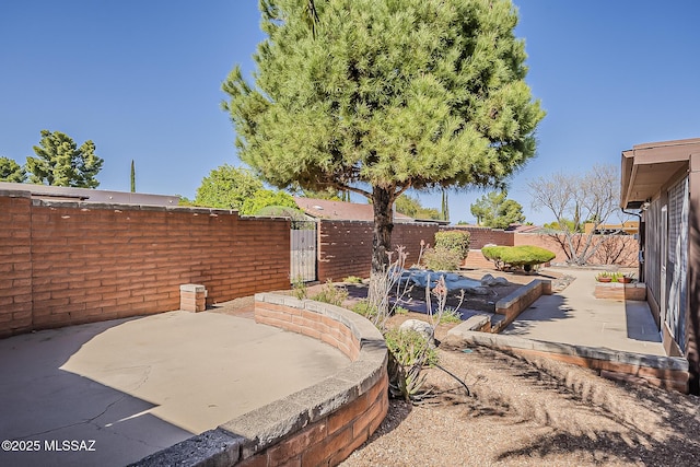 view of yard featuring a patio, a fenced backyard, and a gate
