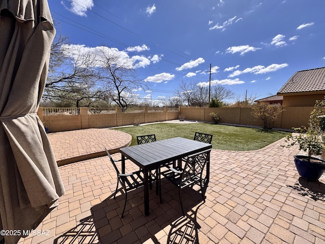 view of patio with a fenced backyard and outdoor dining area