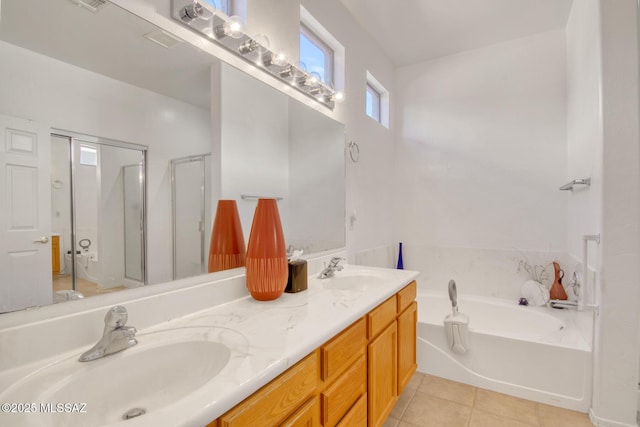 4621 S Pinnacle Peak Dr, Green Valley, AZ 85622 - full bathroom featuring a bath, a shower stall, tile patterned floors, and double vanity