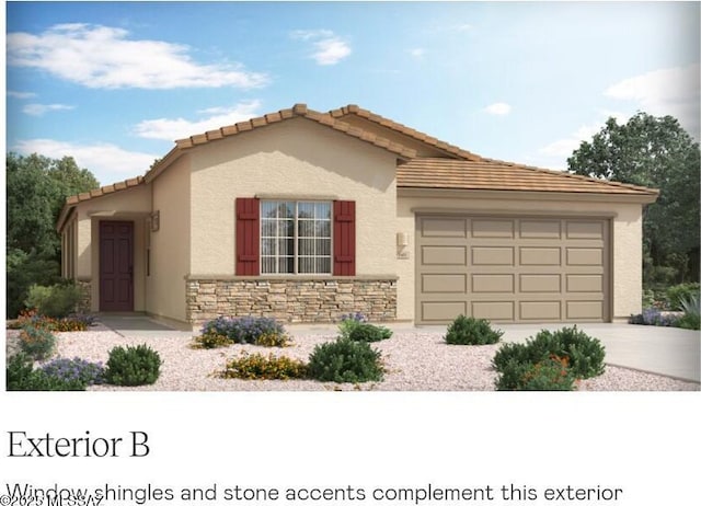 view of front facade with stone siding, driveway, an attached garage, and stucco siding