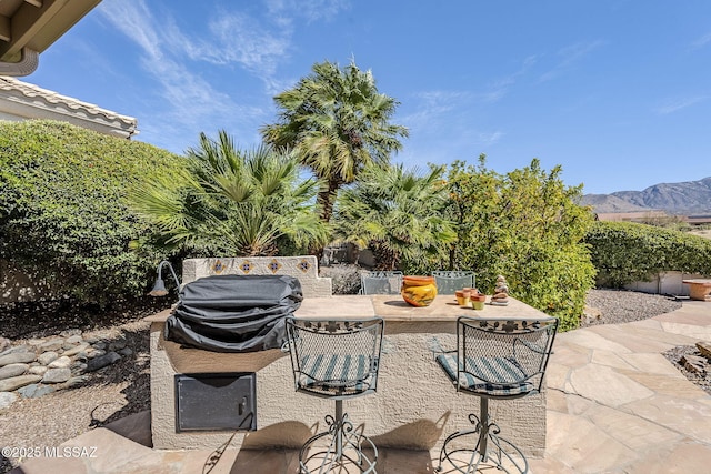 view of patio / terrace featuring a mountain view and a grill