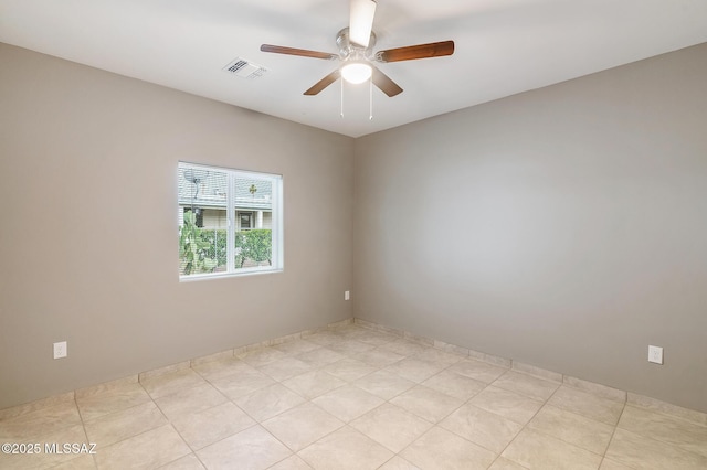 spare room featuring ceiling fan and visible vents